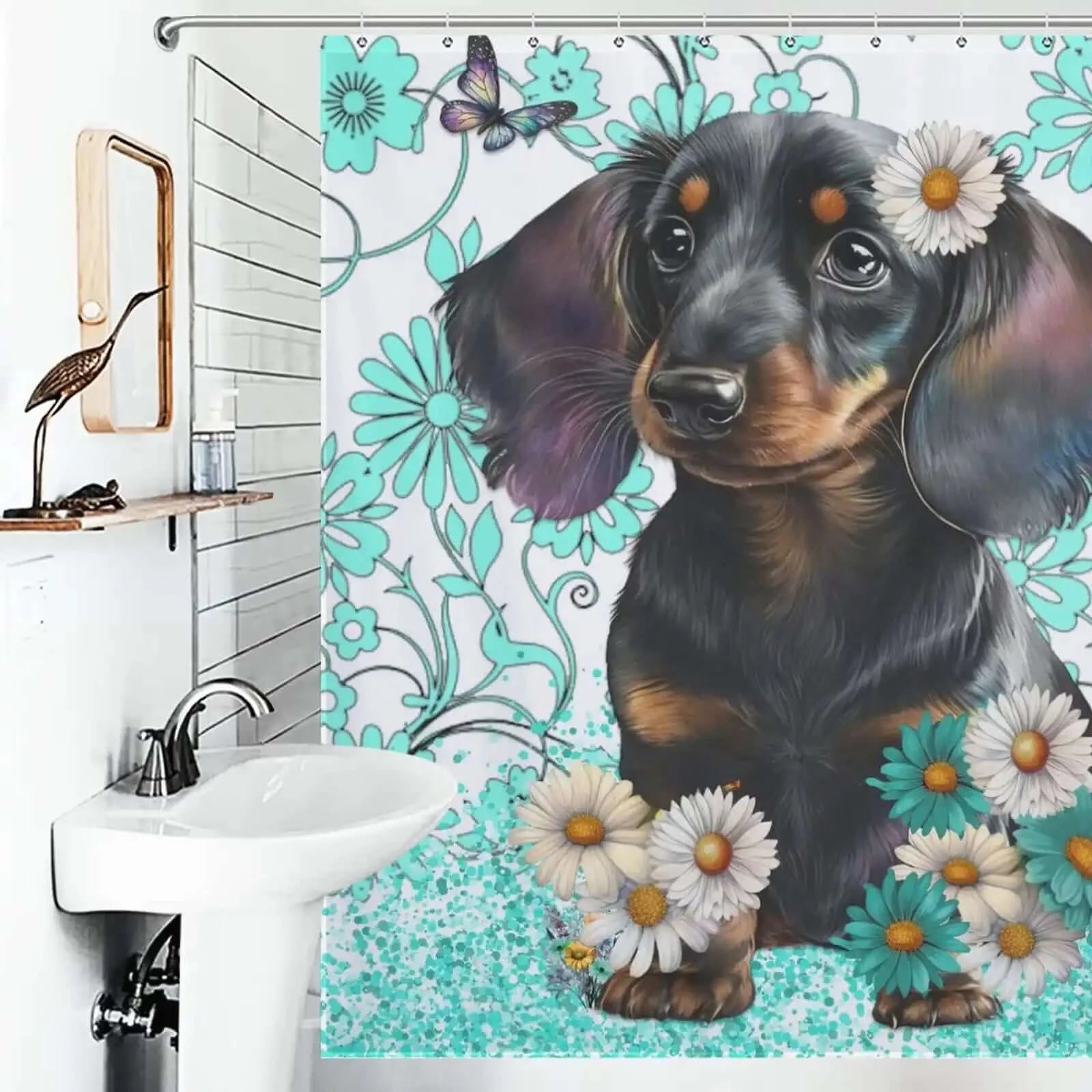 Cute Daschund Floral shower curtain with daisies for bathroom decor by Cotton Cat.