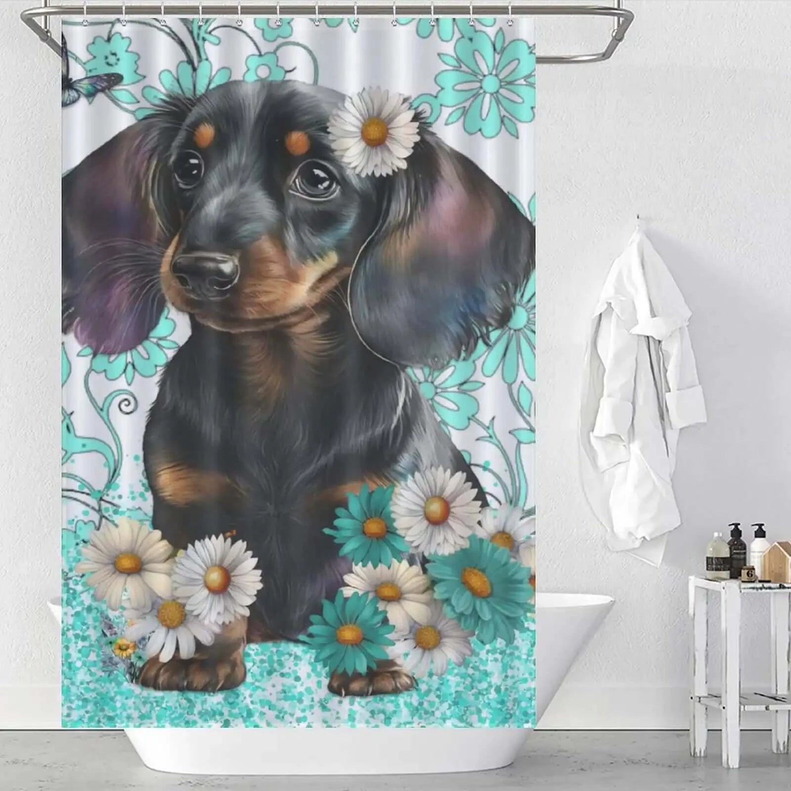 Cute Daschund Floral Shower Curtain-Cottoncat, perfect for bathroom decor.