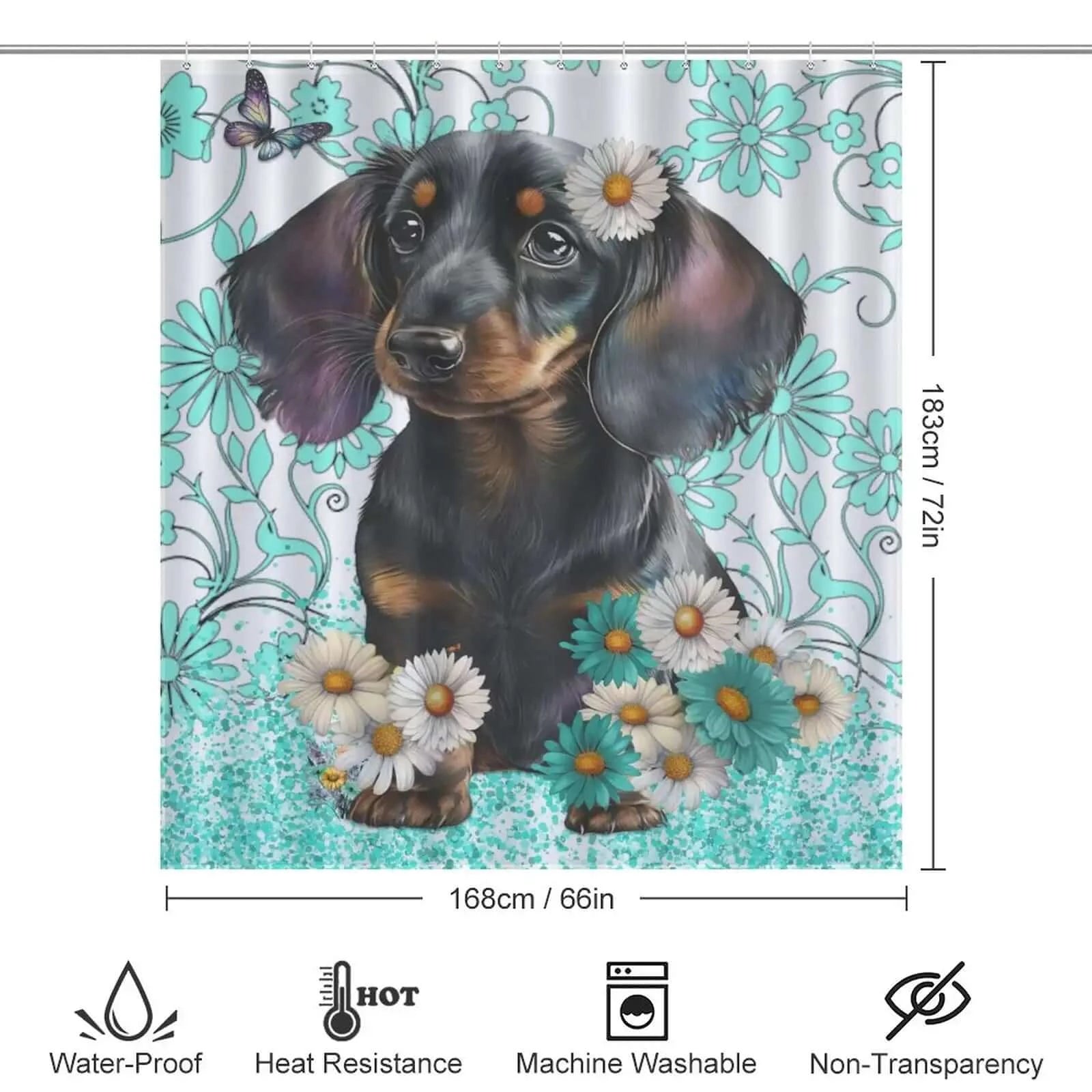 Cute Daschund Floral shower curtain adorned with daisies perfect for bathroom decor by Cotton Cat.