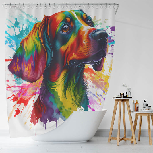 A colorful Watercolor Dachshund Shower Curtain-Cottoncat with splatters on it, perfect for dachshunds owners.