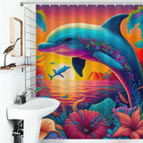 A waterproof Colorful Dolphin Shower Curtain-Cottoncat made of polyester material.