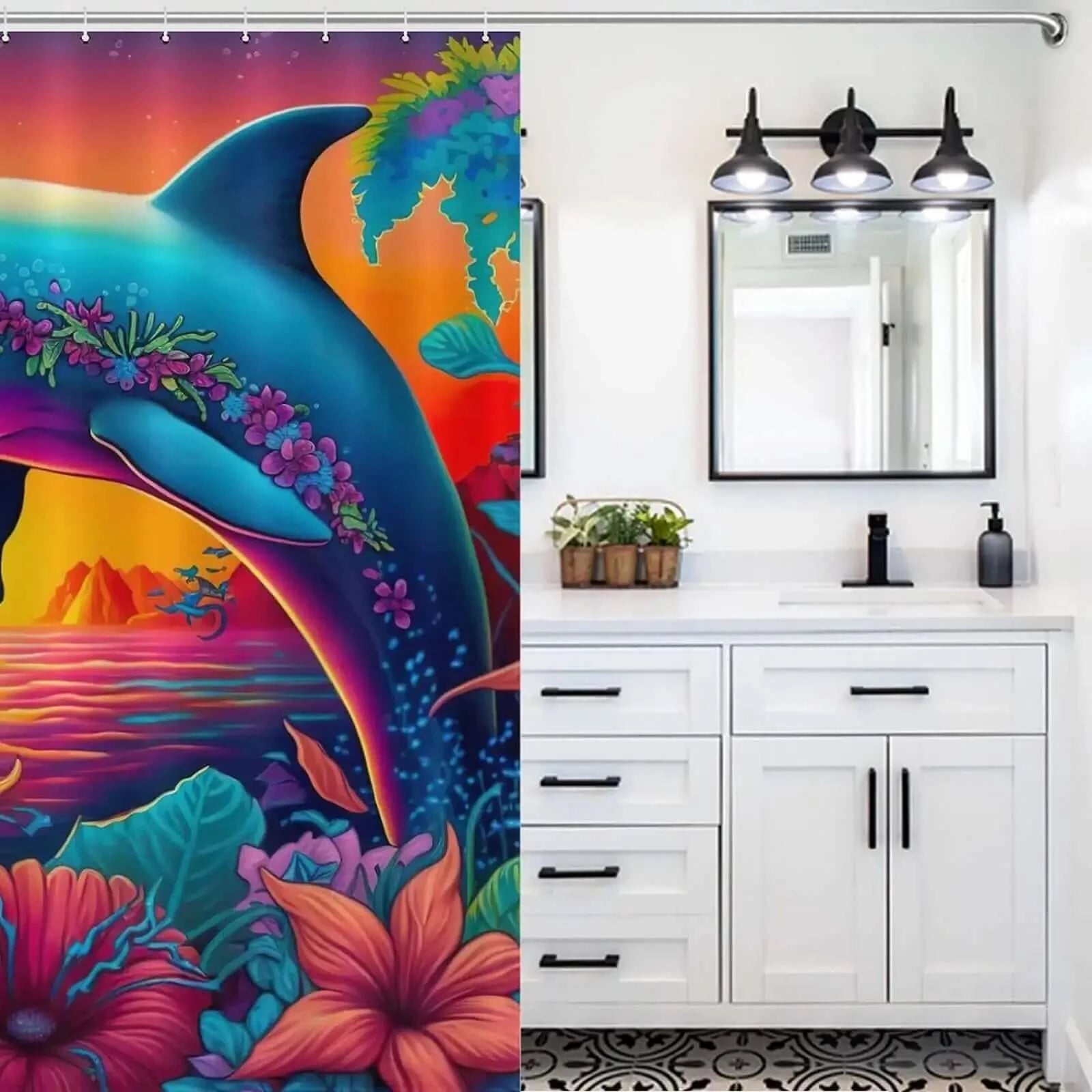 A bathroom with a Colorful Dolphin Shower Curtain made by Cotton Cat, made of waterproof polyester material.