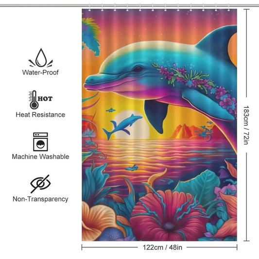 A waterproof Colorful Dolphin Shower Curtain-Cottoncat made from polyester material in a vibrant ocean design.