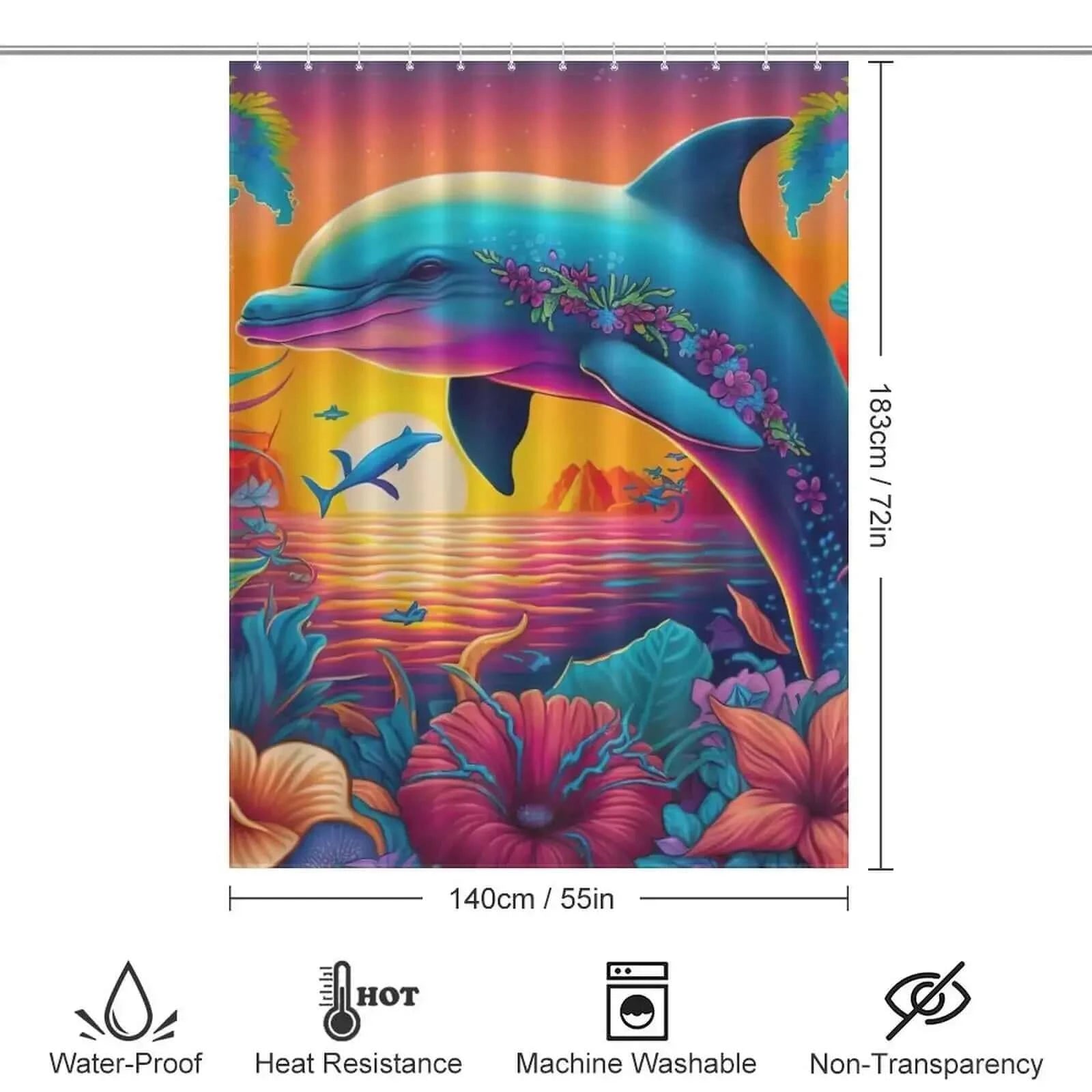 A waterproof Colorful Dolphin Shower Curtain-Cottoncat made from polyester material.