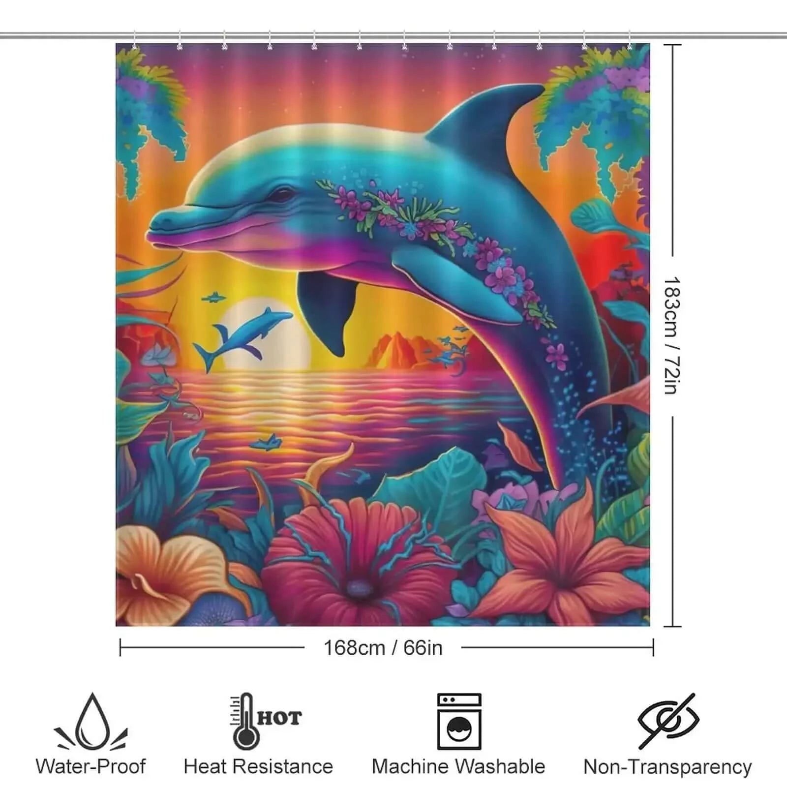 A waterproof Colorful Dolphin Shower Curtain-Cottoncat made of polyester material, featuring a colorful depiction of a dolphin in the ocean by Cotton Cat.