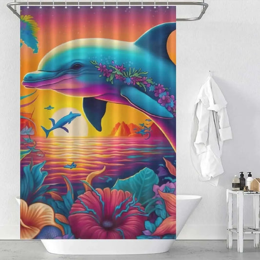 A waterproof Colorful Dolphin Shower Curtain-Cottoncat made with polyester material by Cotton Cat.