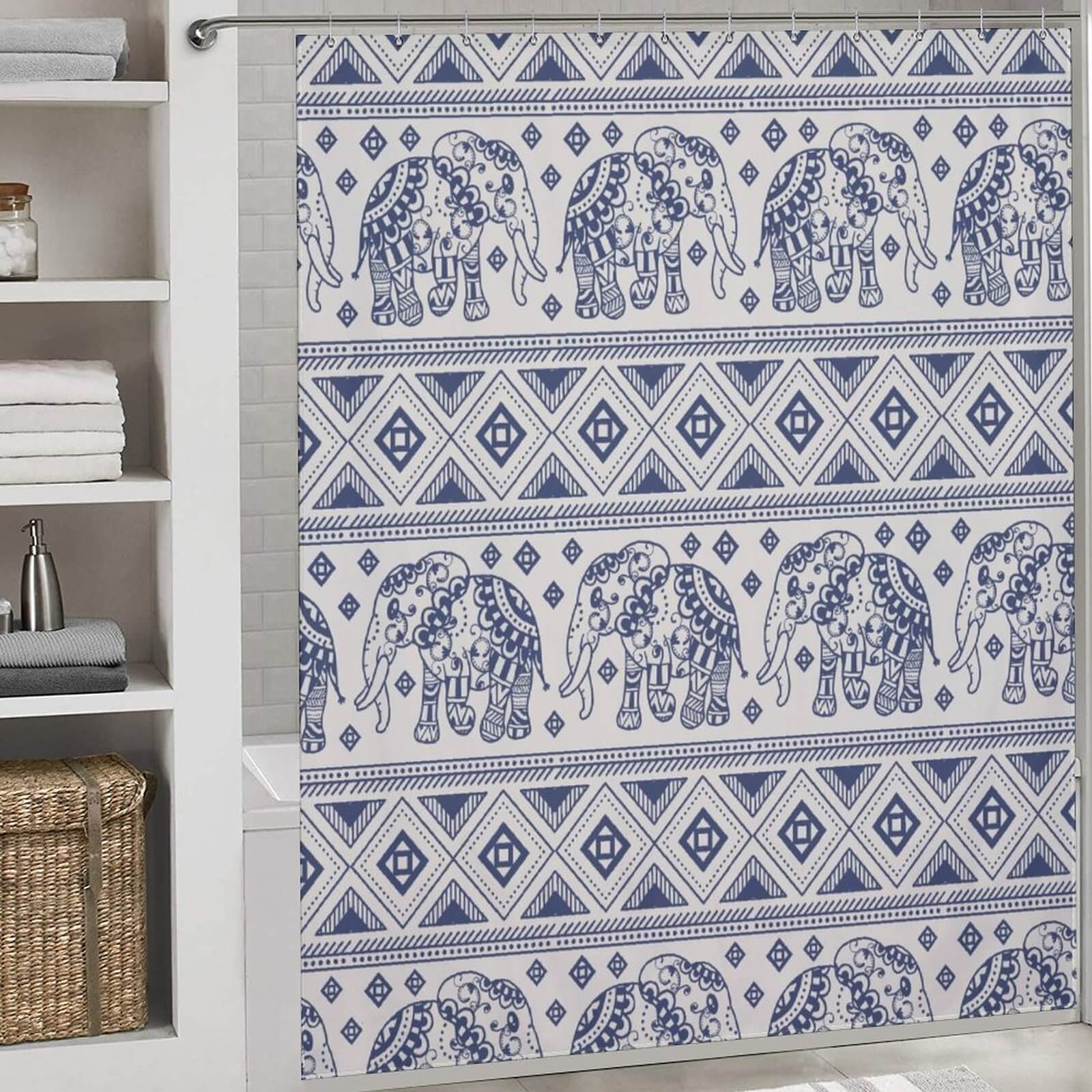 A Waterproof Cotton Cat shower curtain with an Ethnic Elephant pattern of blue and white elephants on it.