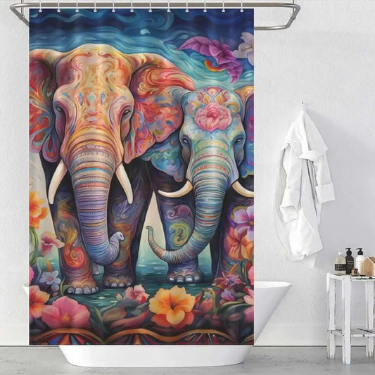 Two 3D Watercolor Elephant Shower Curtain-Cottoncats on a colorful shower curtain by Cotton Cat.