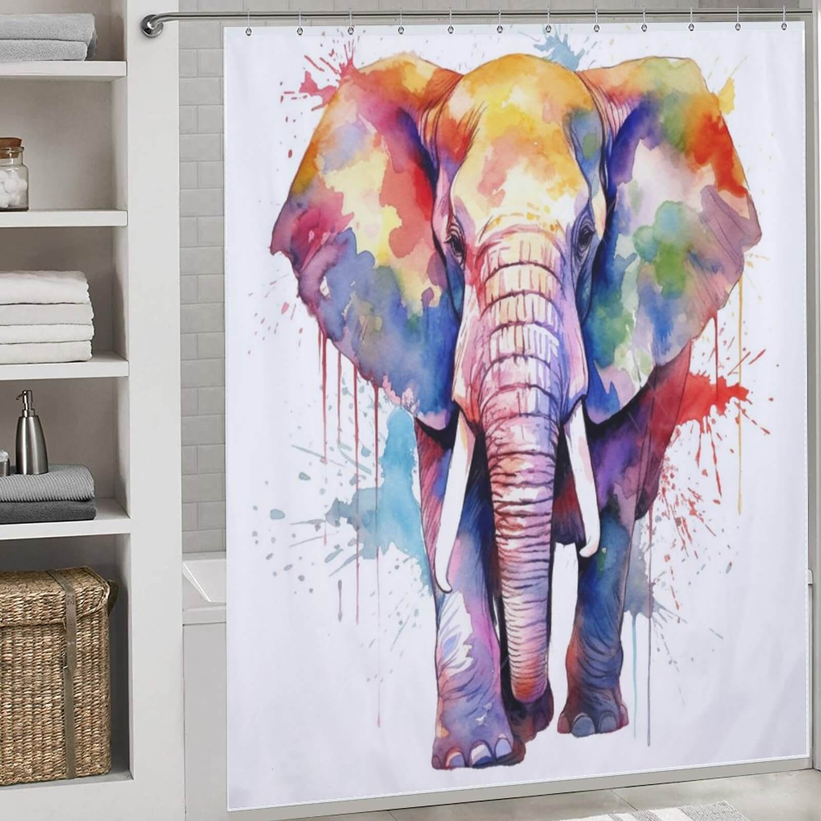 A Cotton Cat Watercolor Elephant Shower Curtain featuring a watercolor elephant design with colorful splatters.