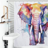 A Watercolor Elephant Shower Curtain-Cottoncat by Cotton Cat is hanging in a bathroom.