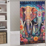 A 3D Watercolor Elephant Shower Curtain-Cottoncat from Cotton Cat, with two elephants in the bathroom.