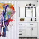 A Watercolor Elephant Shower Curtain featuring a vibrant watercolor elephant design by Cotton Cat.