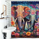 A 3D Watercolor Elephant Shower Curtain-Cottoncat featuring two elephants in a bathroom by Cotton Cat.