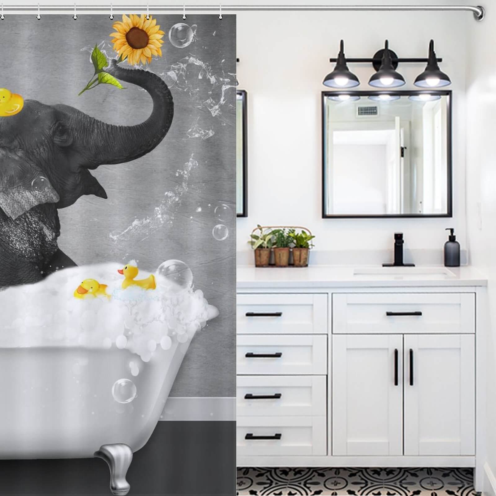 A waterproof bathroom with a Funny Elephant Shower Curtain-Cottoncat and sunflowers, adorned with Cotton Cat shower curtain for bathroom decor.