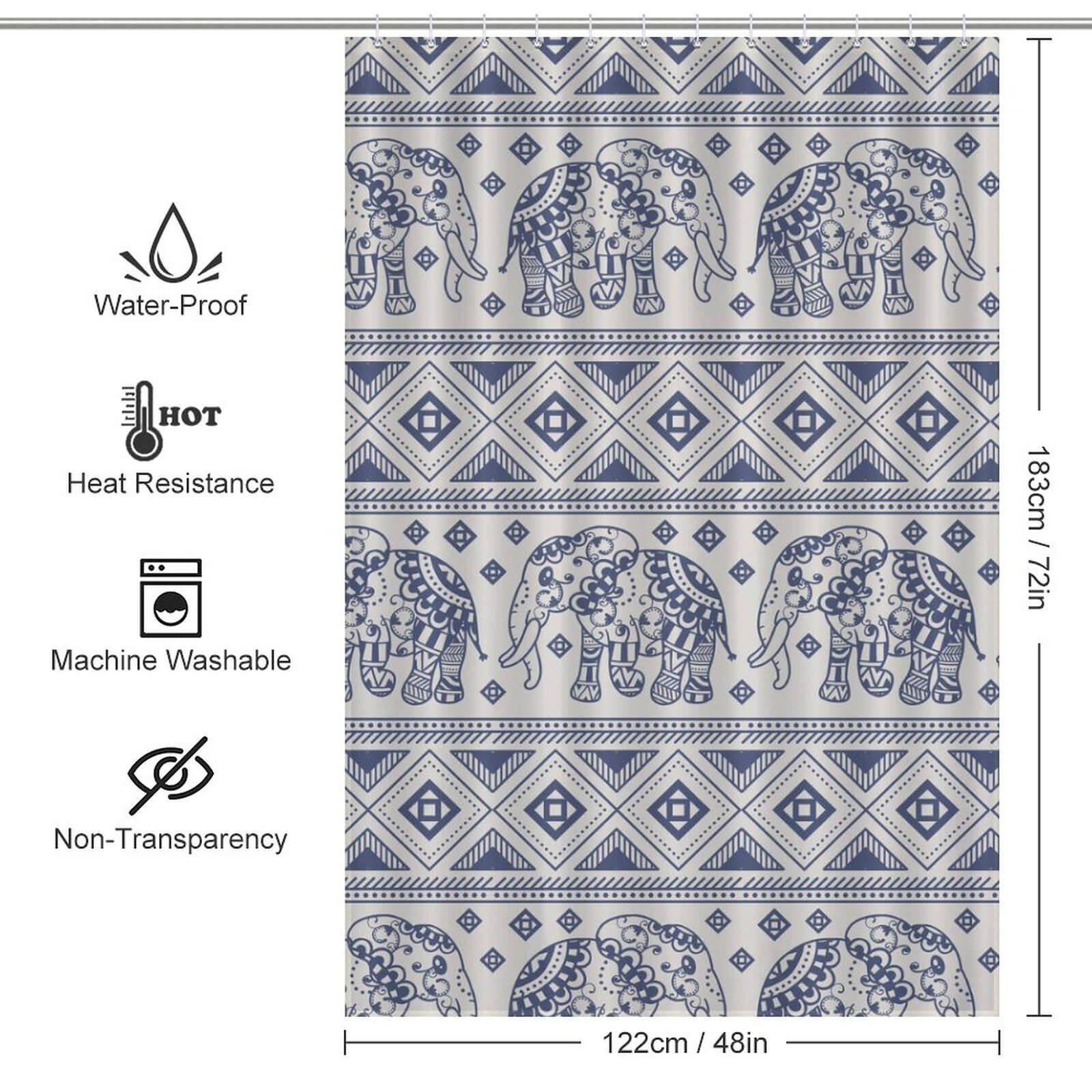 A Ethnic Elephant Shower Curtain-Cottoncat with a blue and white ethnic pattern featuring elephants from Cotton Cat.