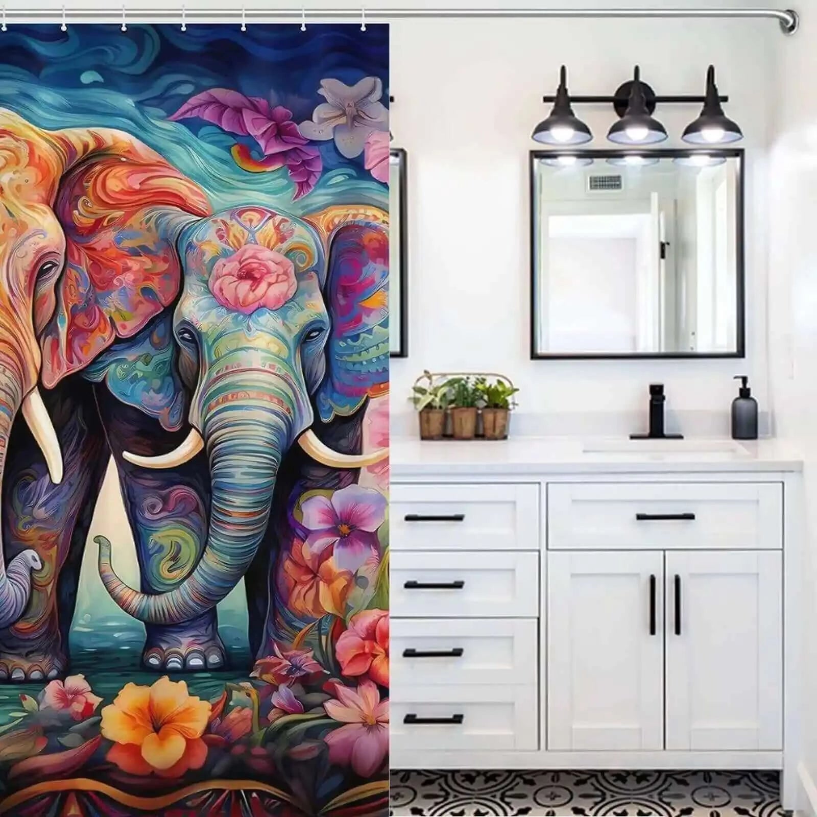 A 3D Watercolor Elephant Shower Curtain-Cottoncat featuring a colorful elephant by Cotton Cat.