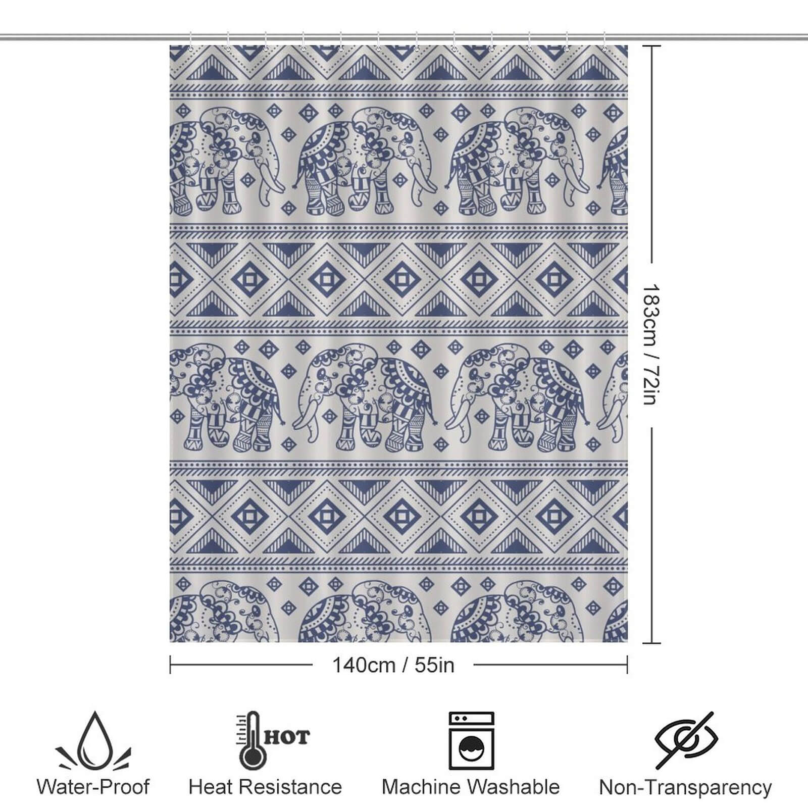 A waterproof Ethnic Elephant Shower Curtain-Cottoncat with an ethnic pattern.