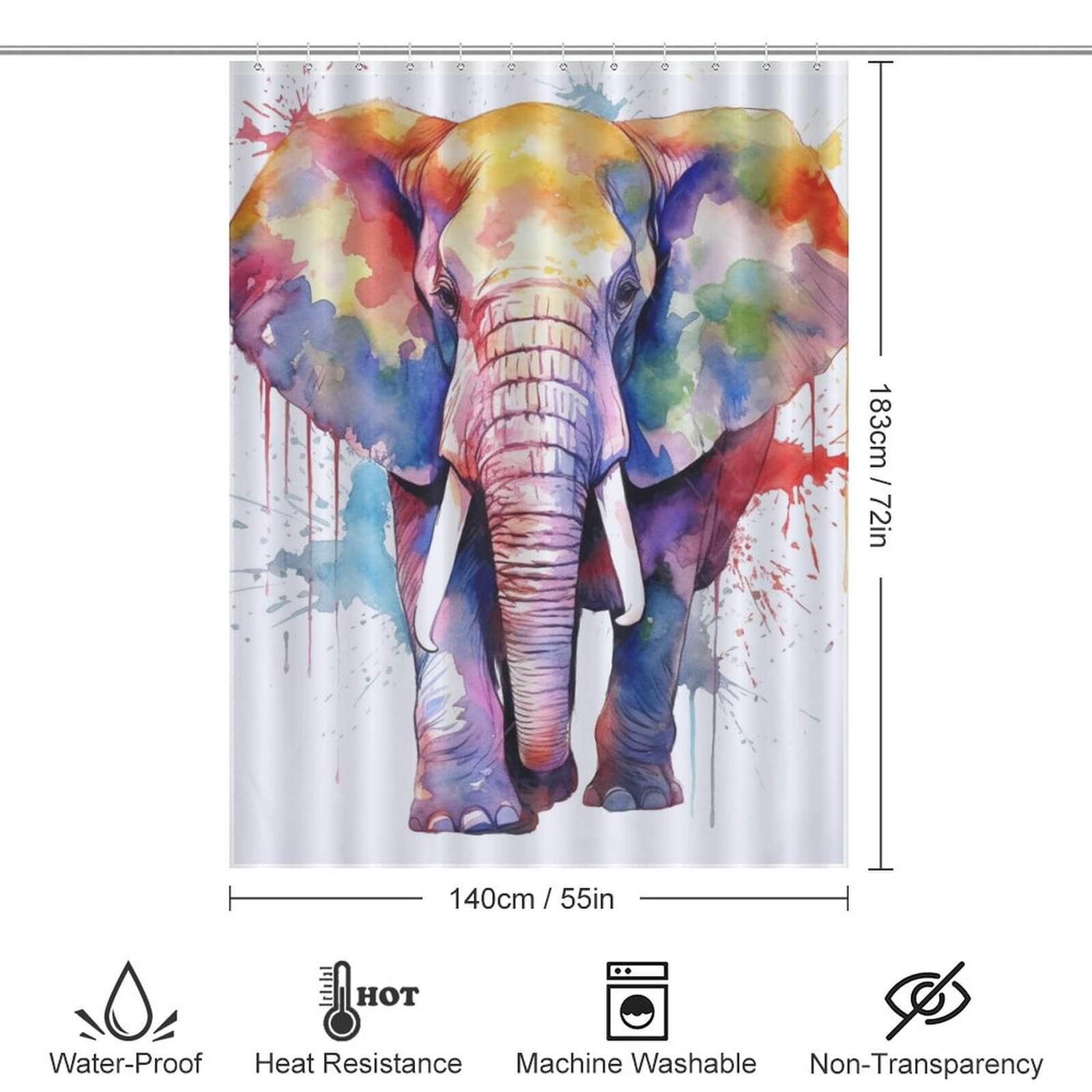 A Watercolor Elephant Shower Curtain-Cottoncat with a stunning watercolor elephant design and precise measurements.