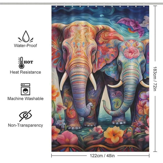 A waterproof Cotton Cat shower curtain adorned with two 3D Watercolor elephants.