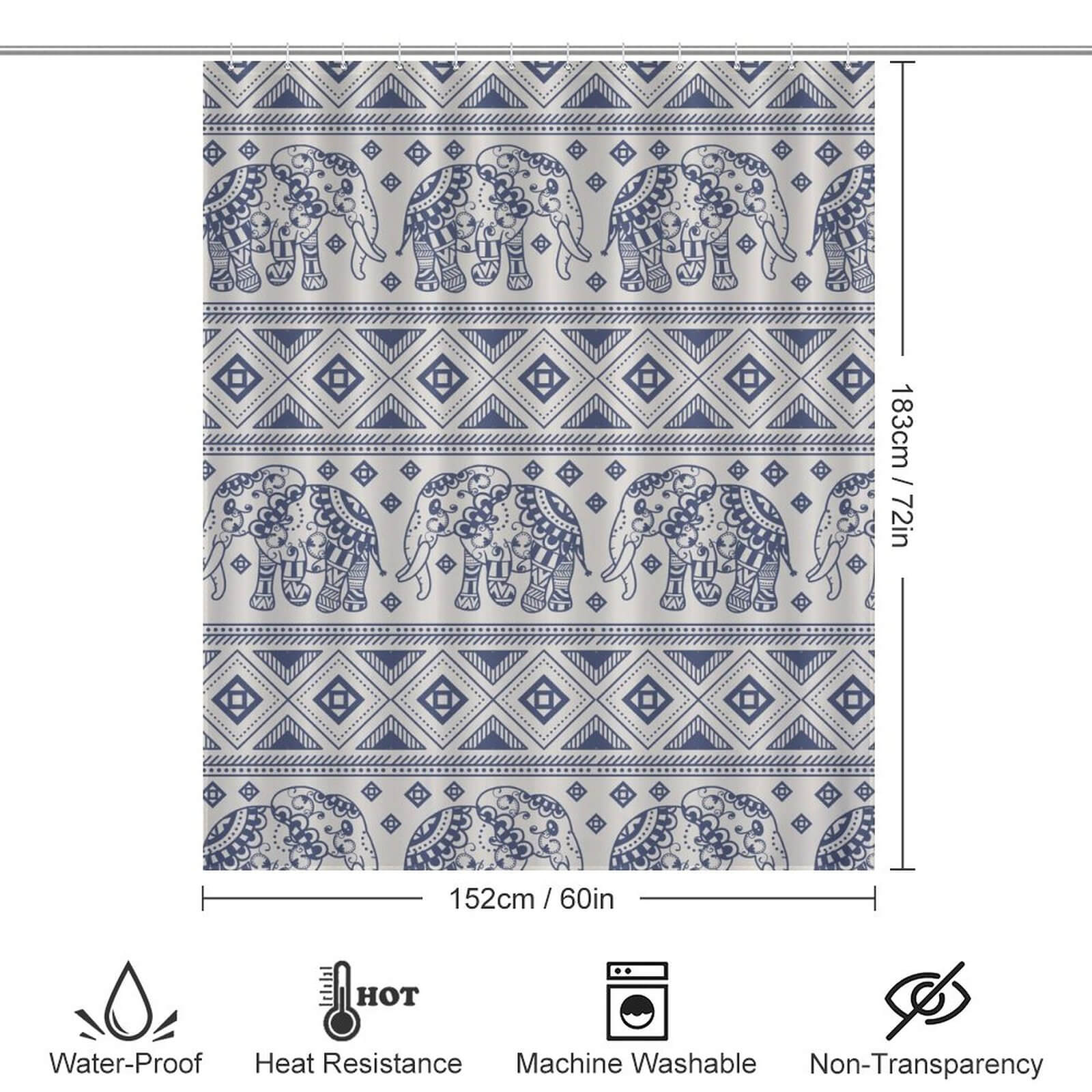 A waterproof Ethnic Elephant Shower Curtain-Cottoncat with an ethnic elephant pattern from the brand Cotton Cat.