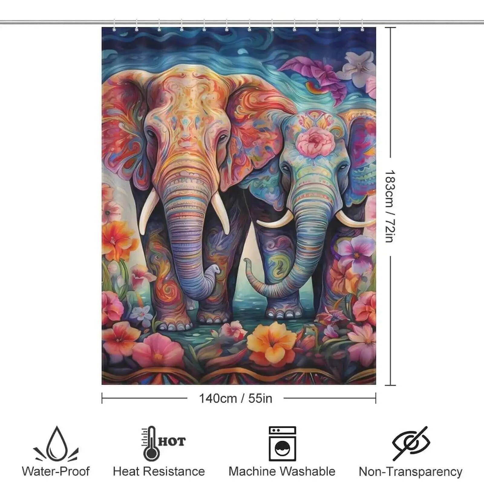 A 3D Watercolor Elephant Shower Curtain-Cottoncat featuring two elephants and flowers from the brand Cotton Cat.