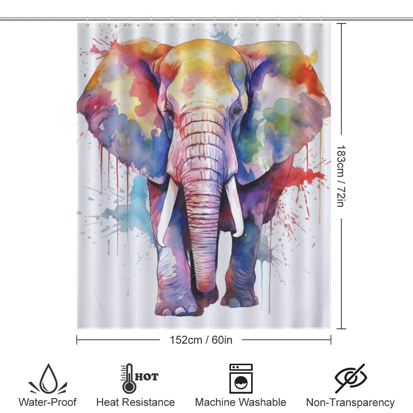 A Cotton Cat Watercolor Elephant Shower Curtain with measurements.