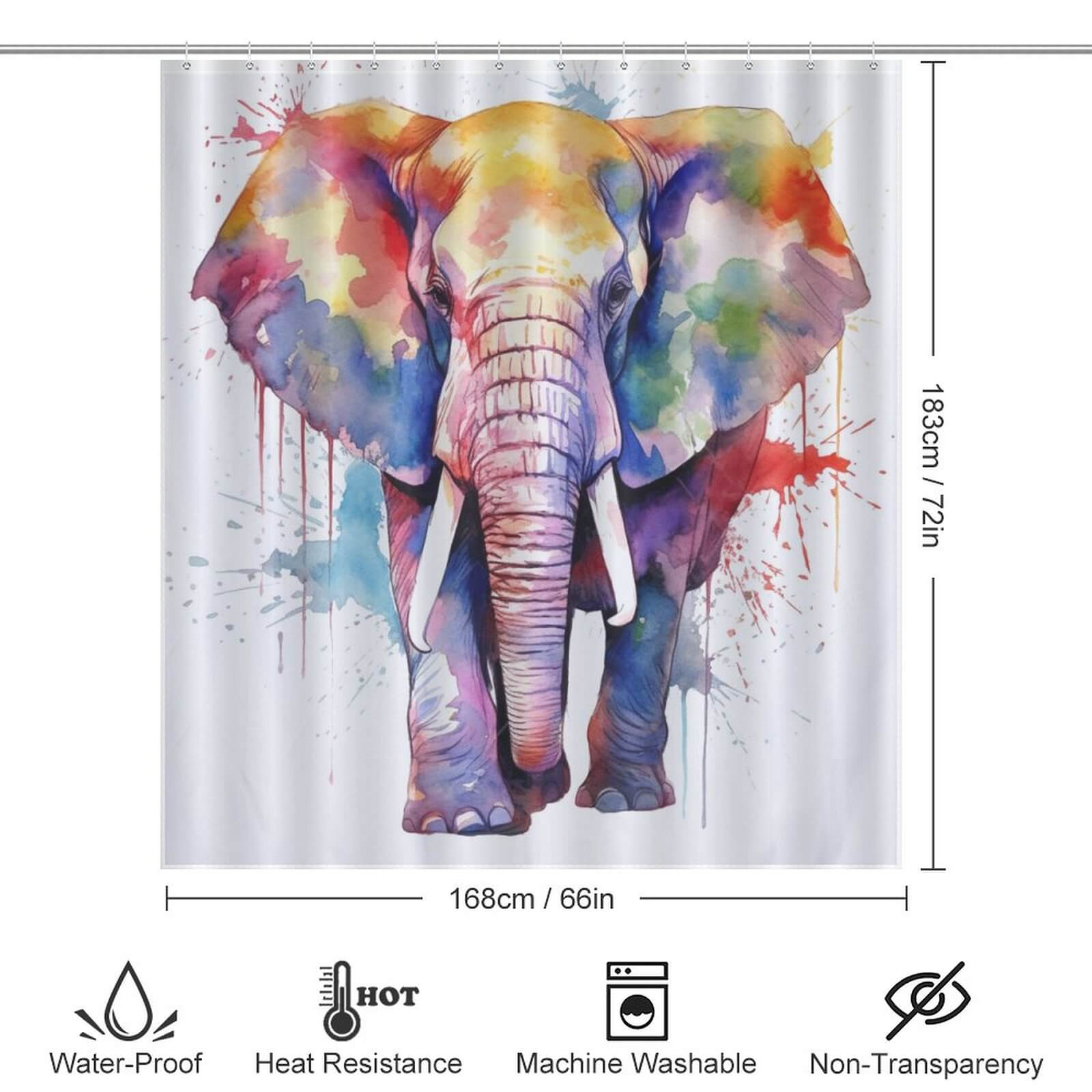 A Cotton Cat Watercolor Elephant Shower Curtain featuring vibrant watercolor elephant design and measurements.