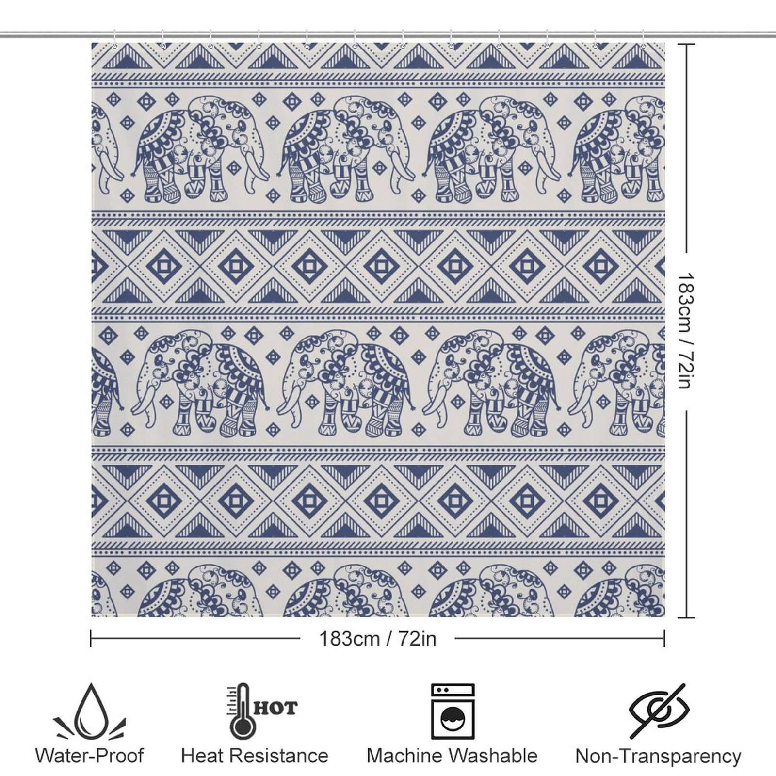 An Ethnic Elephant Shower Curtain featuring an elephant motif by Cotton Cat.