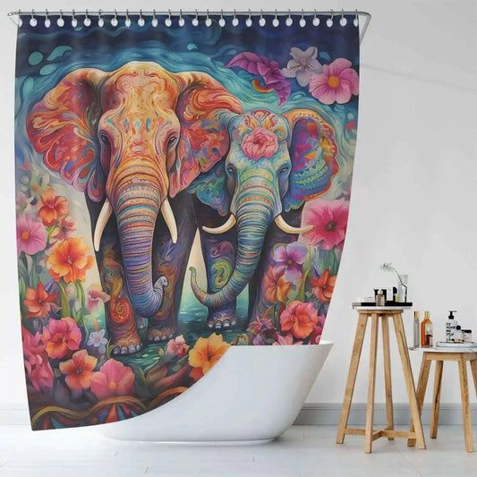 A 3D Watercolor Elephant Shower Curtain-Cottoncat, waterproof for a bathroom.