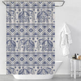 A blue and white waterproof Ethnic Elephant Shower Curtain-Cottoncat with an ethnic elephant pattern from the brand Cotton Cat.