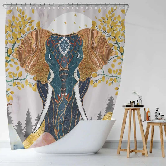A waterproof Boho Elephant Shower Curtain-Cottoncat in a Cotton Cat-inspired bathroom.