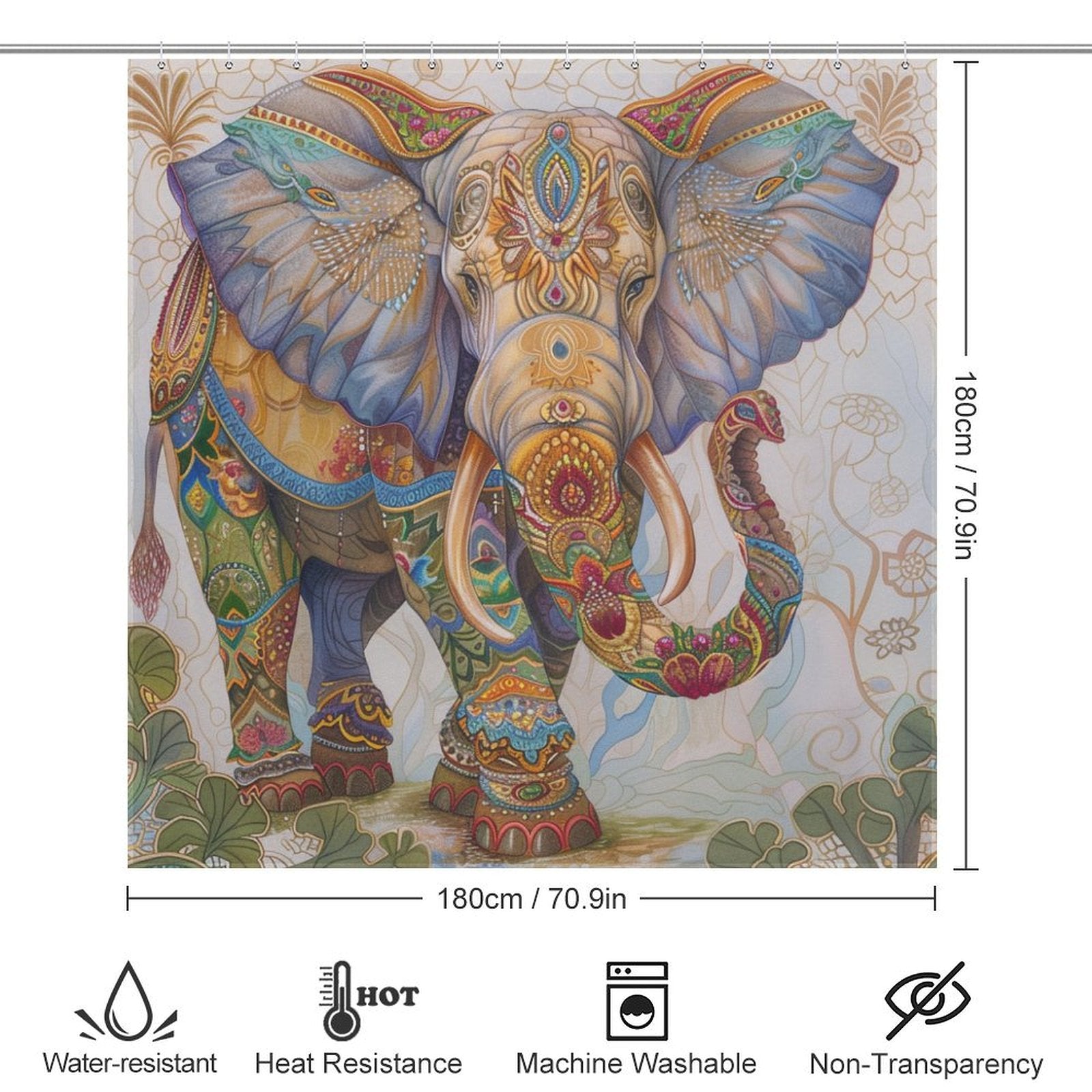 An Exquisite India Style Elephant Shower Curtain-Cottoncat from Cotton Cat featuring a colorful, intricately decorated elephant illustration. With dimensions of 180 cm x 180 cm, it boasts water-resistant, heat-resistant properties, is machine washable and non-transparent.