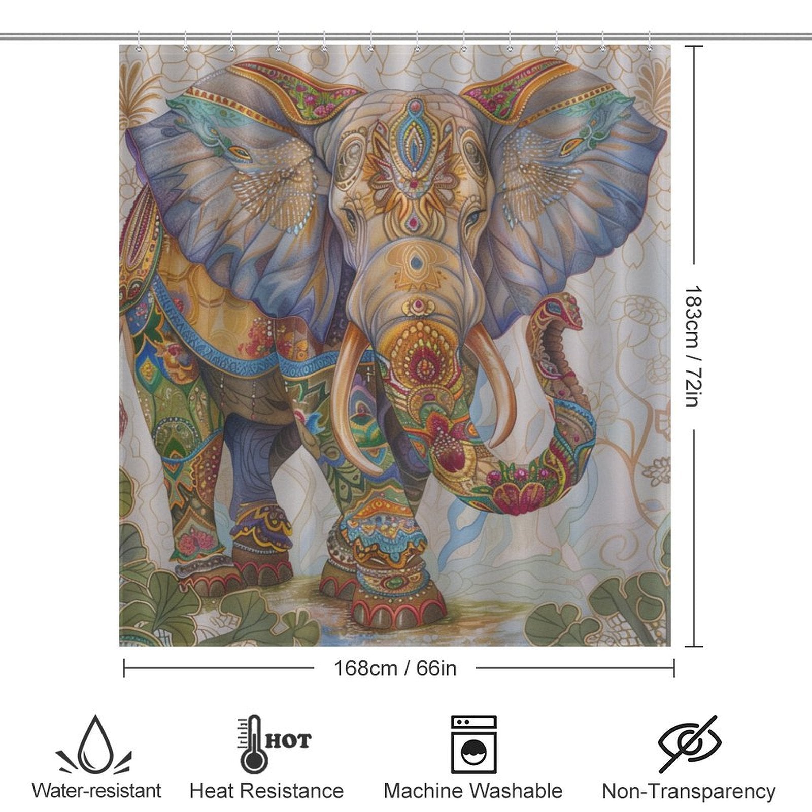 A colorful, elephant-themed shower curtain with intricate Indian style designs, measuring 183 cm by 168 cm. This Exquisite India Style Elephant Shower Curtain-Cottoncat is water-resistant, heat-resistant, machine-washable, and non-transparent.
