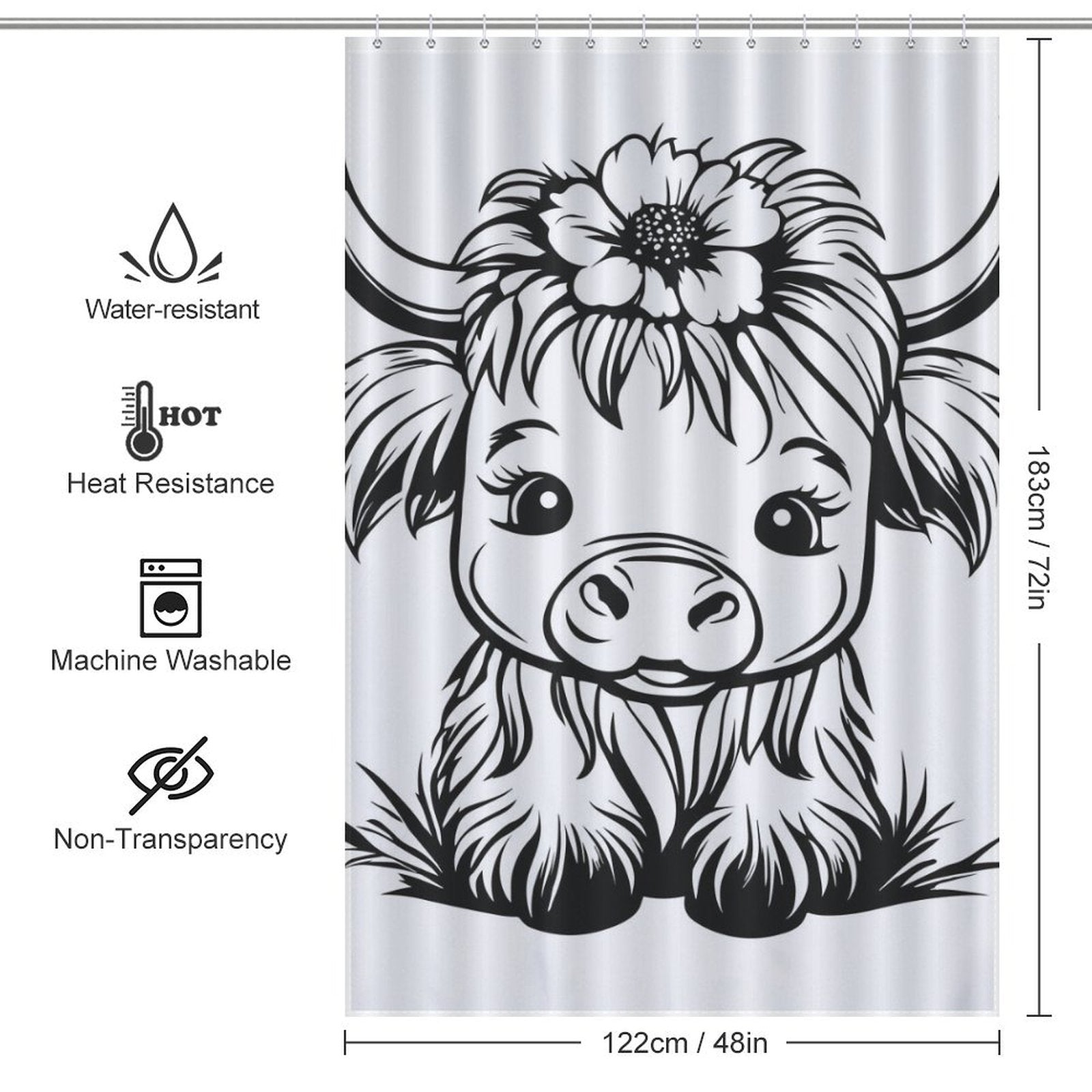 Farmhouse Cute Cartoon Highland Cow Shower Curtain
