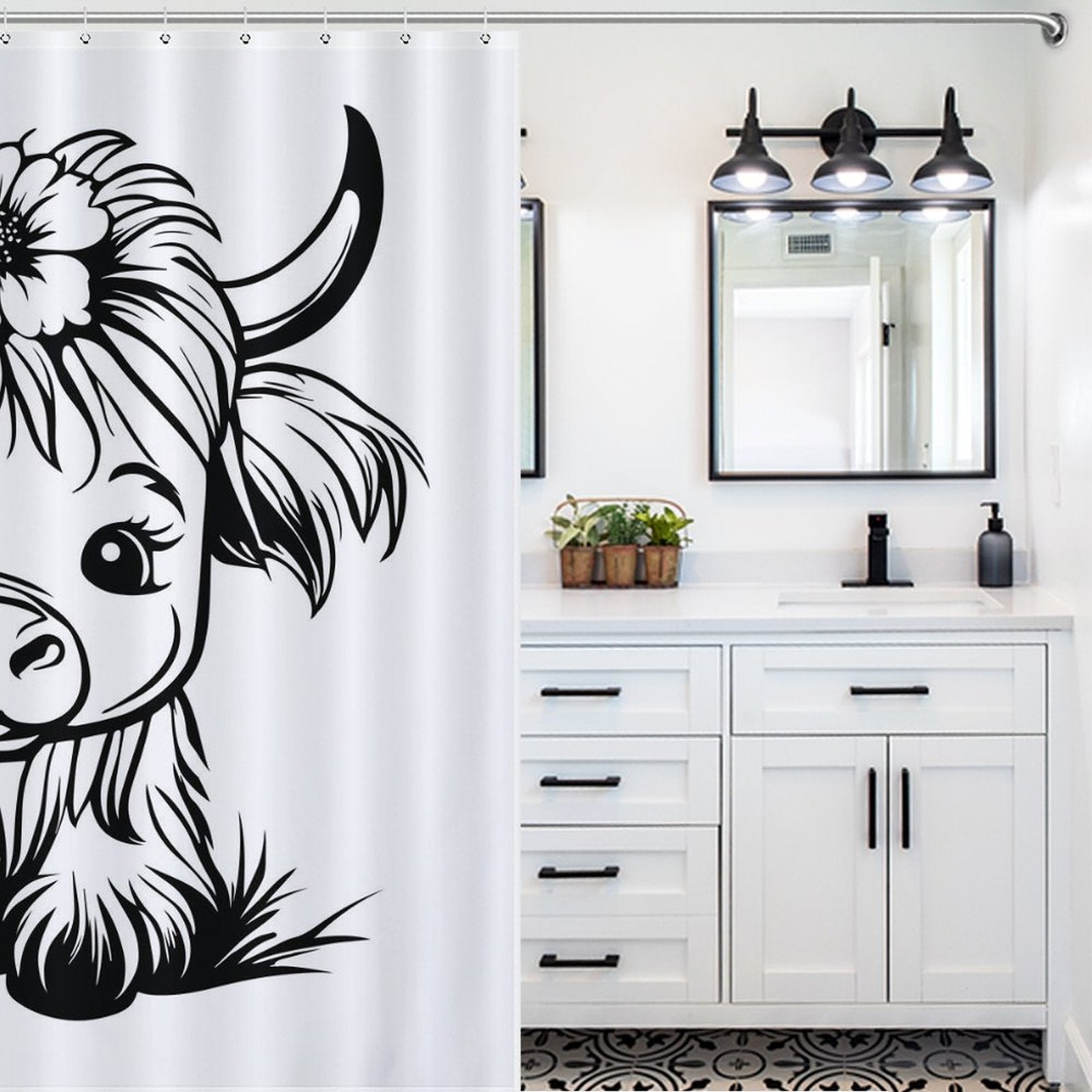 Farmhouse Cute Cartoon Highland Cow Shower Curtain