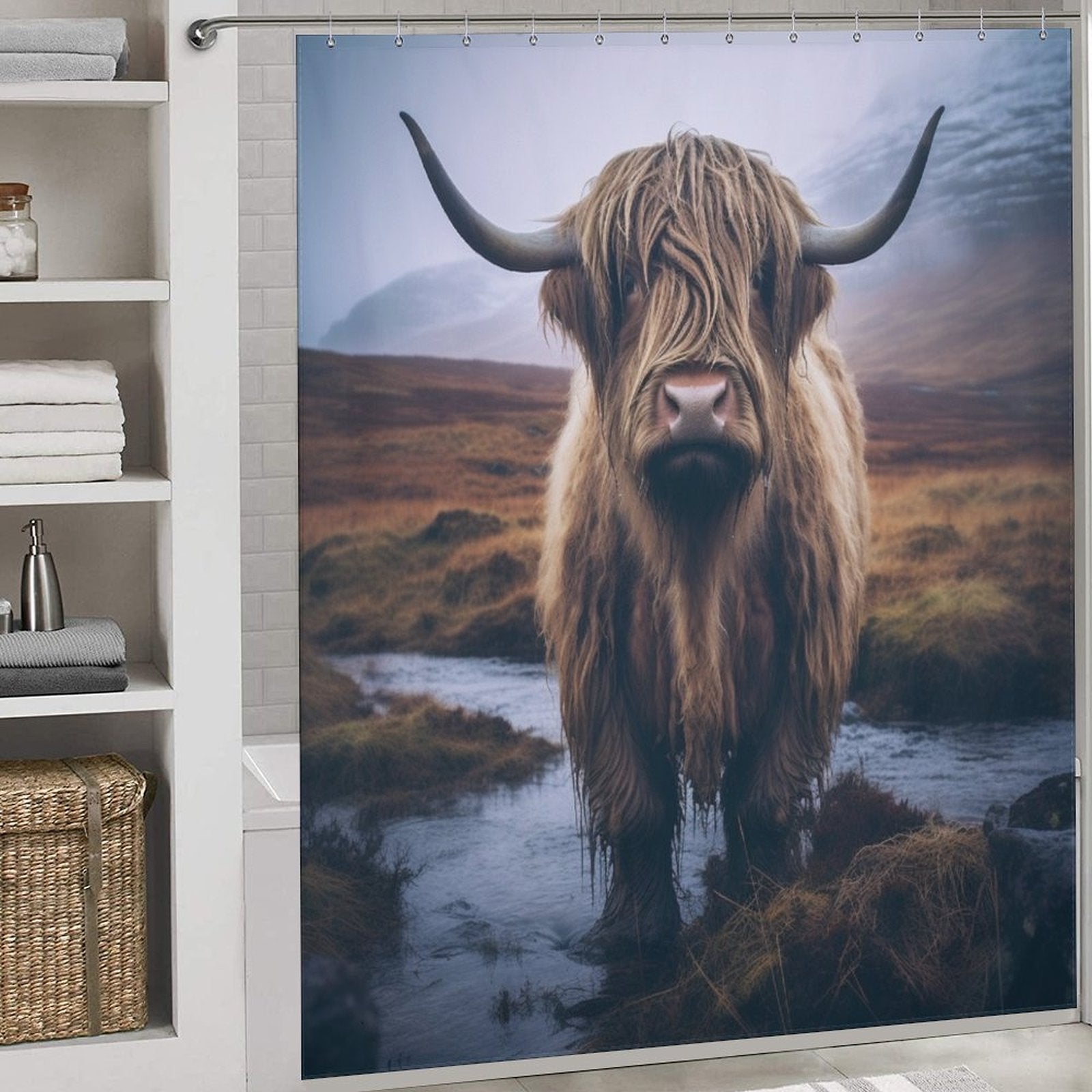 Farmhouse Flair Highland Cow Shower Curtain,