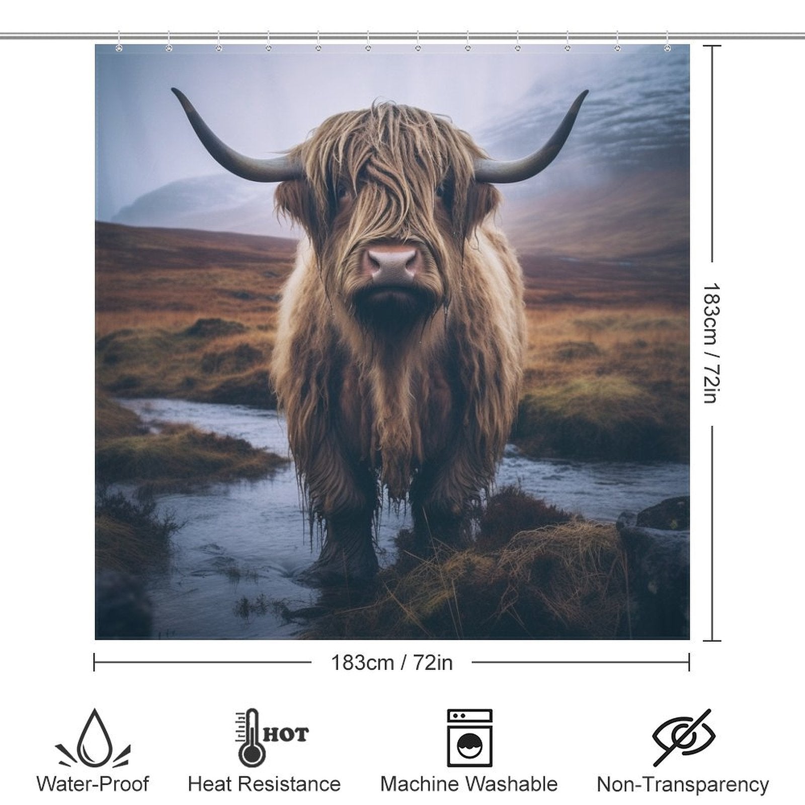 Farmhouse Flair Highland Cow Shower Curtain,