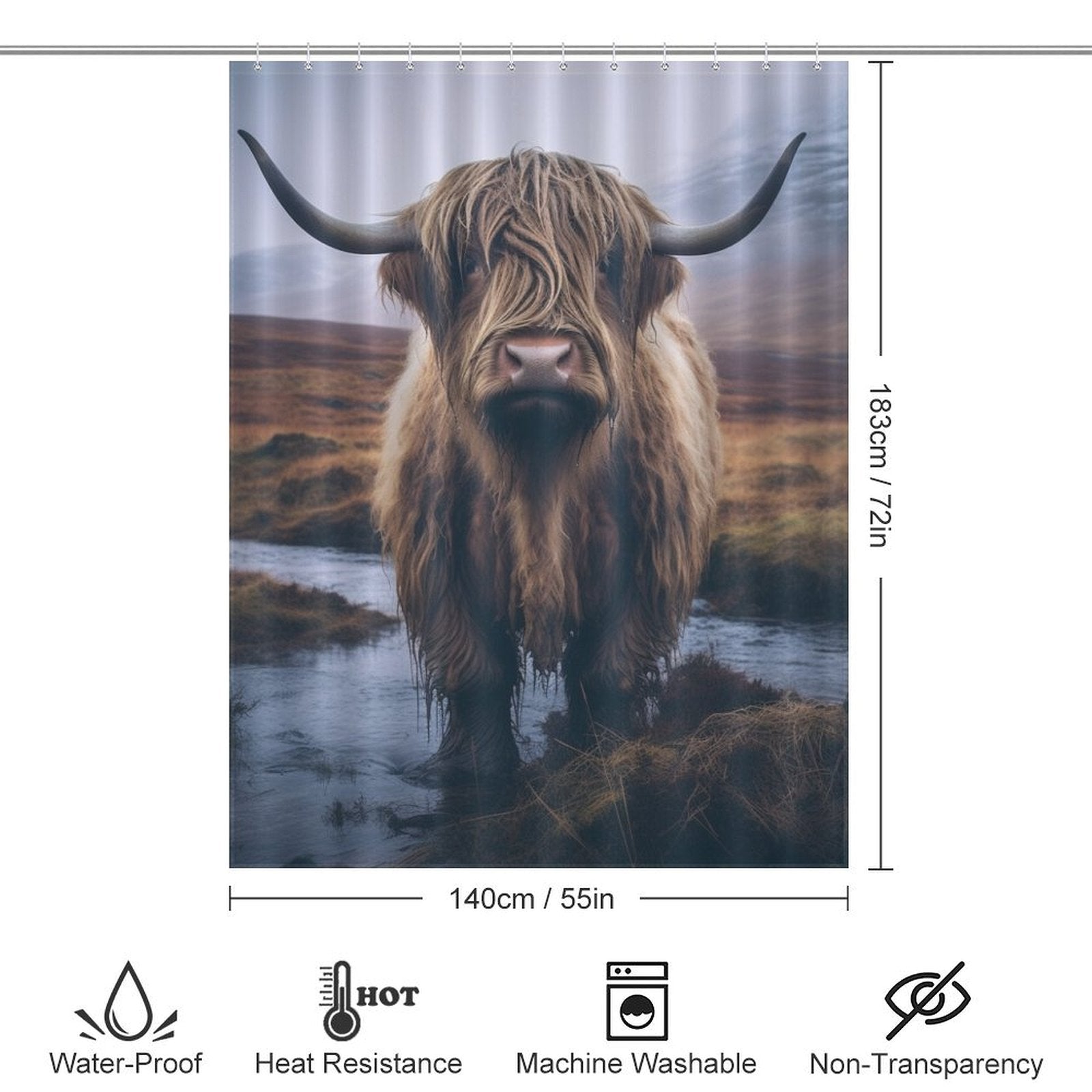 Farmhouse Flair Highland Cow Shower Curtain,