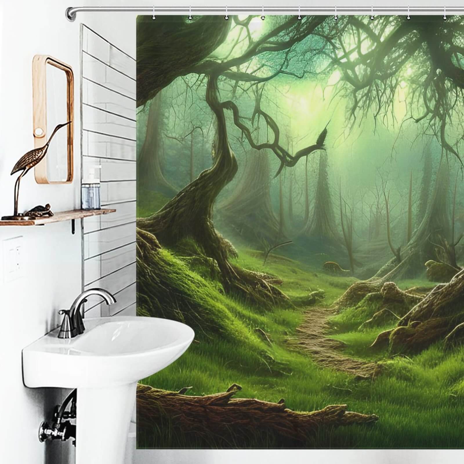 This bathroom features the Tropical Forest Shower Curtain by Cotton Cat, a 100% polyester shower curtain with a realistic image of a green forest. The curtain is waterproof to keep your bathroom dry and stylish.