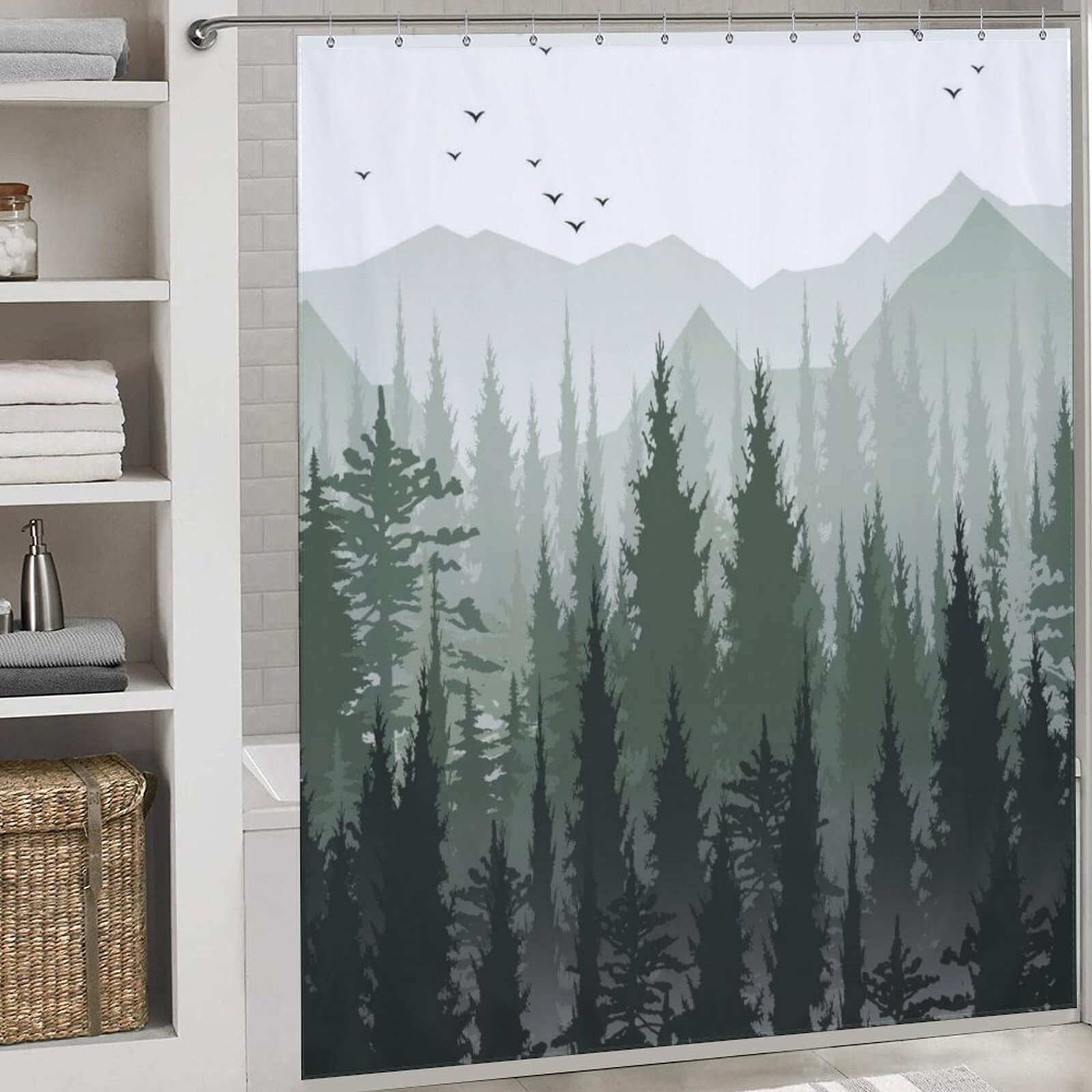 A Green Misty Forest Shower Curtain-Cottoncat adorned with trees and birds that is both waterproof and functional.