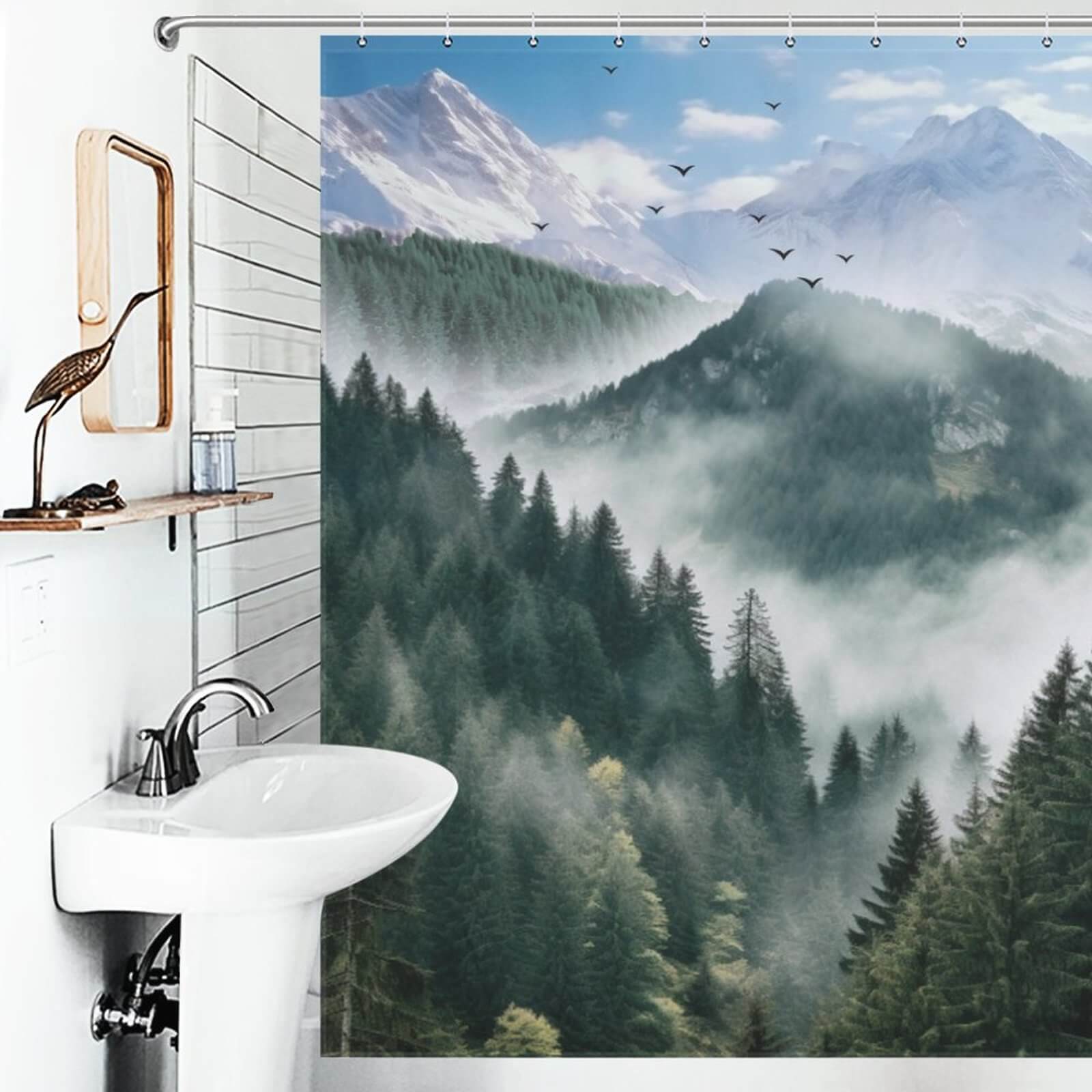 A Misty Forest Shower Curtain made of polyester featuring a mountain scene by Cotton Cat.