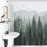 A Green Misty Forest Shower Curtain by Cotton Cat, with a waterproof forest scene.