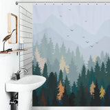 A bathroom with the Pine Forest Shower Curtain-Cottoncat by Cotton Cat, perfect for adding a touch of nature-inspired bathroom decor.