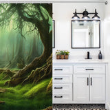 This bathroom features a Tropical Forest Shower Curtain-Cottoncat made of 100% polyester material. The curtain, by Cotton Cat, is waterproof, adding functionality to its aesthetic appeal.