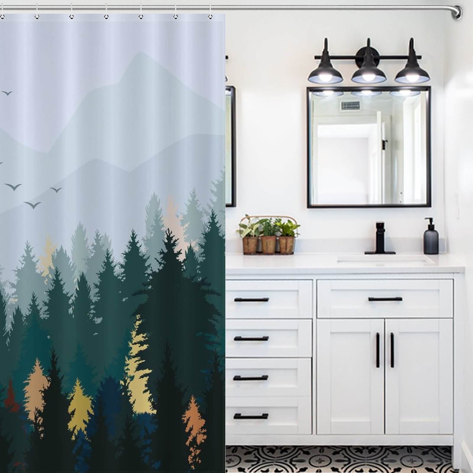 A Pine Forest Shower Curtain-Cottoncat featuring a forest scene, perfect for bathroom decor by Cotton Cat.