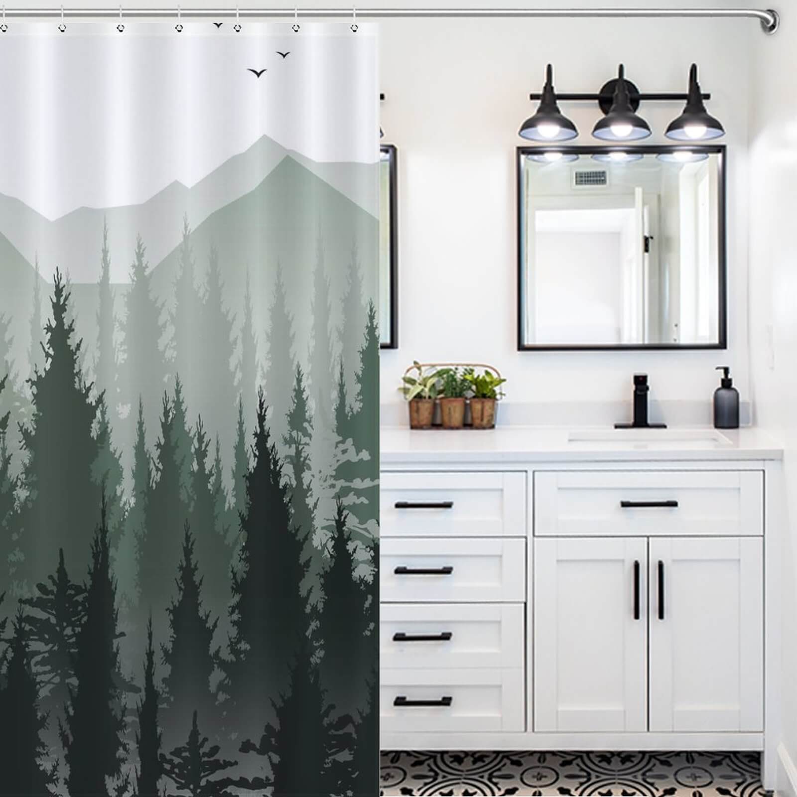 A minimalist bathroom with a waterproof Green Misty Forest Shower Curtain-Cottoncat from Cotton Cat.