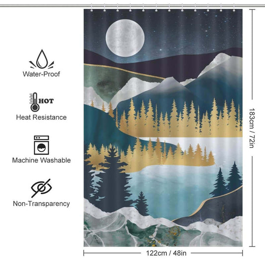 A Boho Forest Shower Curtain-Cottoncat with mountains, trees, and a moon.