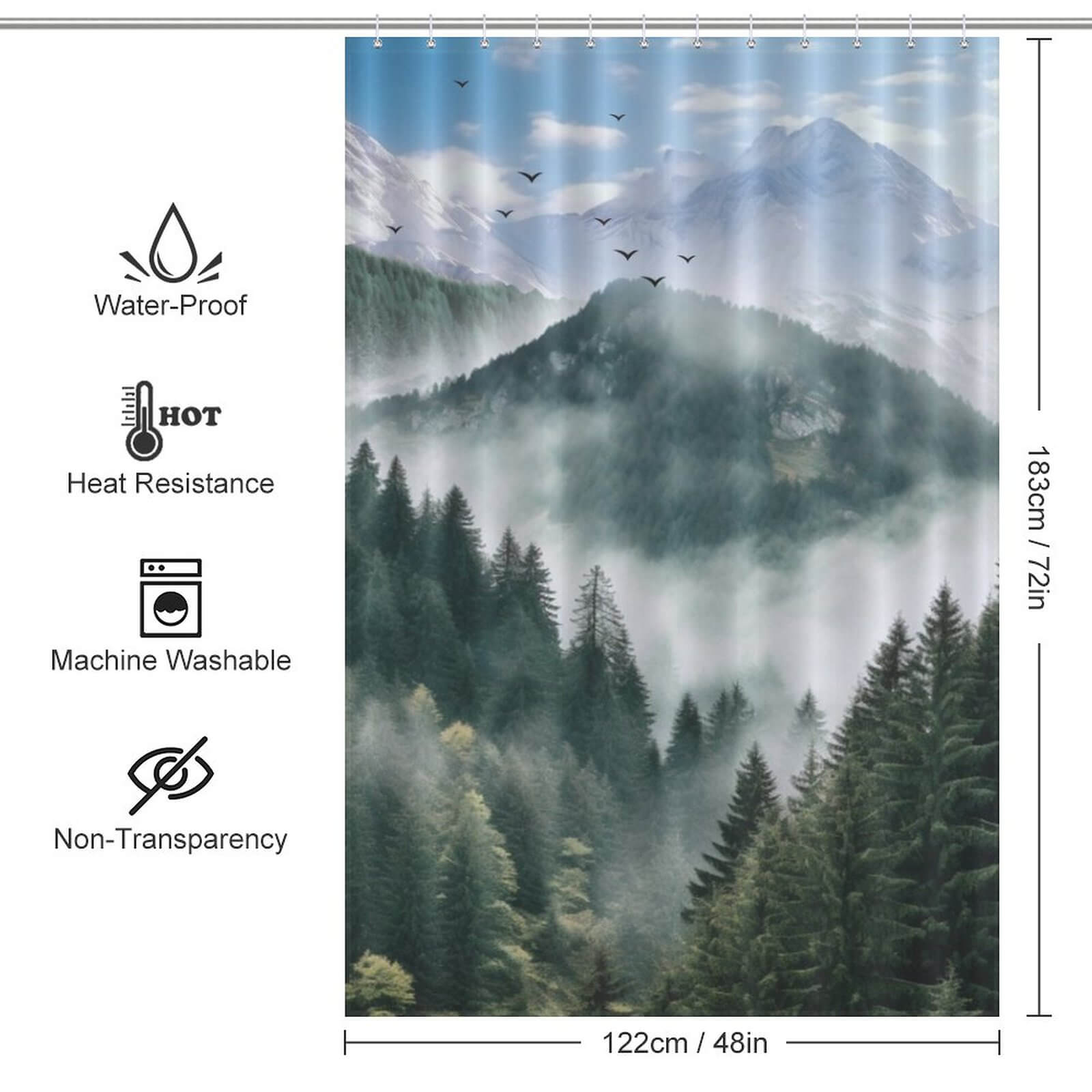 A Misty Forest Shower Curtain draped with a picturesque view of mountains and fog by Cotton Cat.