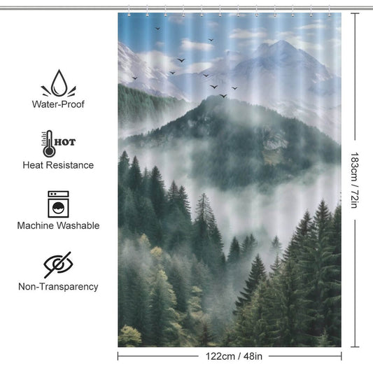 A Misty Forest Shower Curtain draped with a picturesque view of mountains and fog by Cotton Cat.