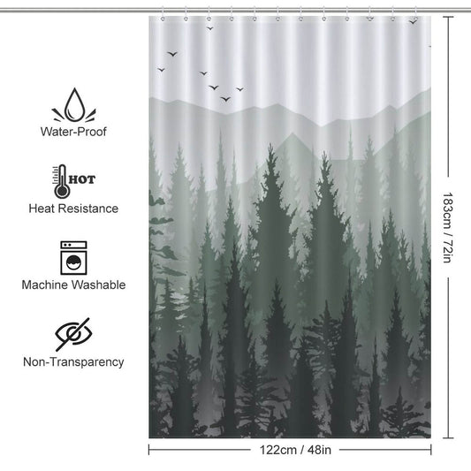 A Green Misty Forest Shower Curtain featuring a minimalist design of trees by Cotton Cat.